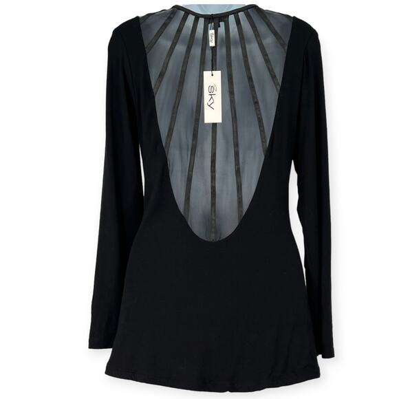 NWT SKY | L | Leather Trimmed Sheer Back Top Blouse Ruched Deep V GWENNO - Picture 5 of 9